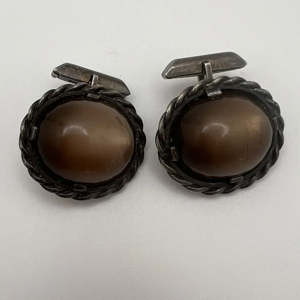 Vintage Ed Harris‎ Sterling Silver Tigers Eye Agate Modernist Handmade Cufflinks